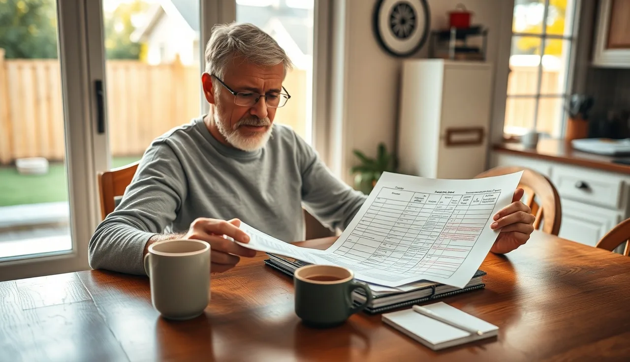 Homeowner reviewing property assessment paperwork at kitchen table for tax appeal