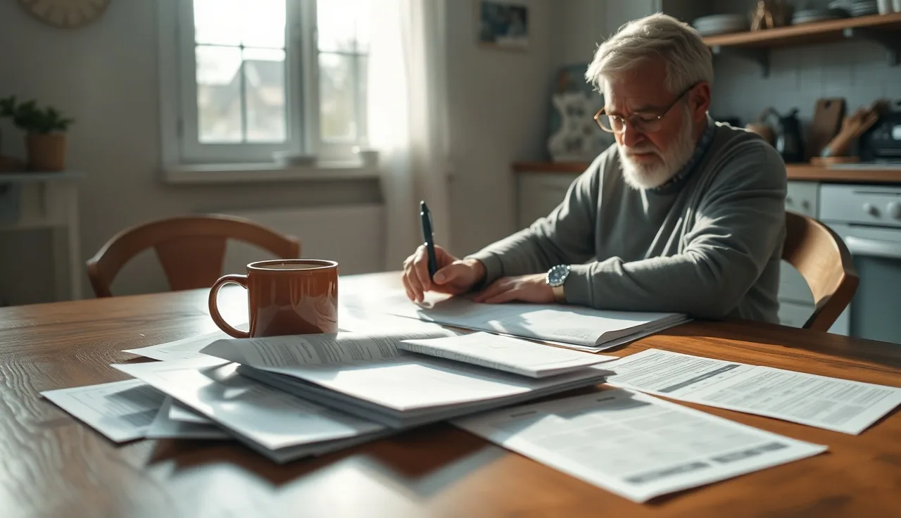 Homeowner reviewing property assessment documents at kitchen table during morning light