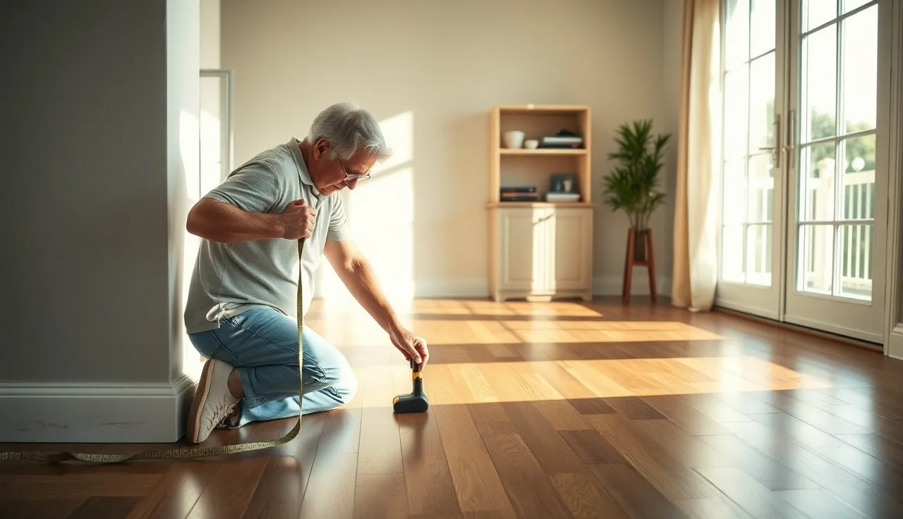 Homeowner measuring room square footage with a tape measure on hardwood floor