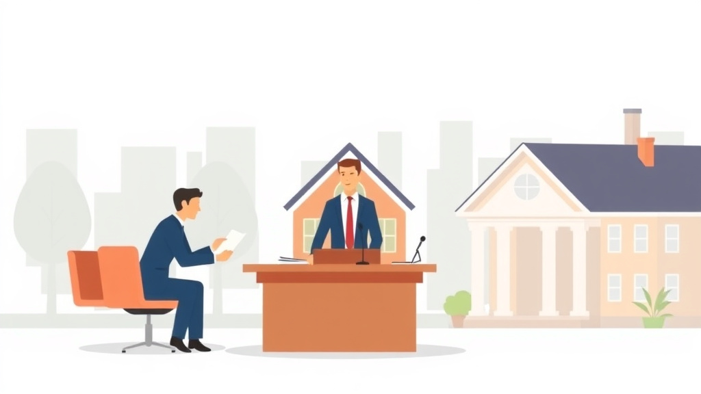 A professional illustration depicting what Happens at a Property Tax Appeal Hearing: Minute-by-Minute