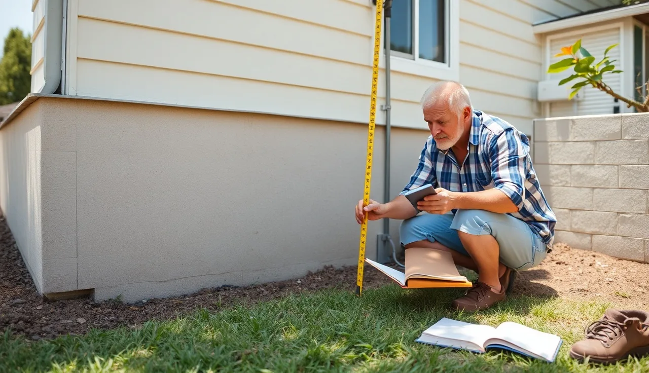 Homeowner measuring foundation wall at grade level to verify above and below grade square footage