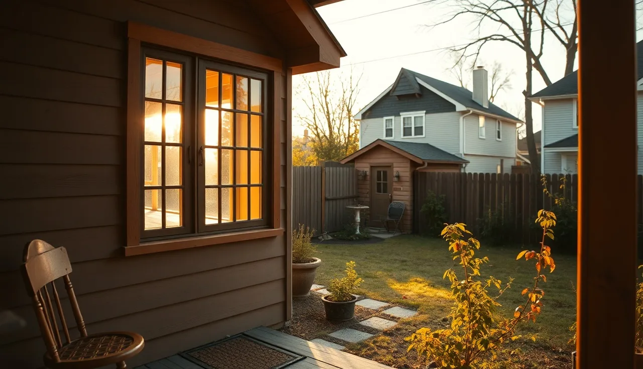 Small detached ADU backyard cottage with warm afternoon light through windows