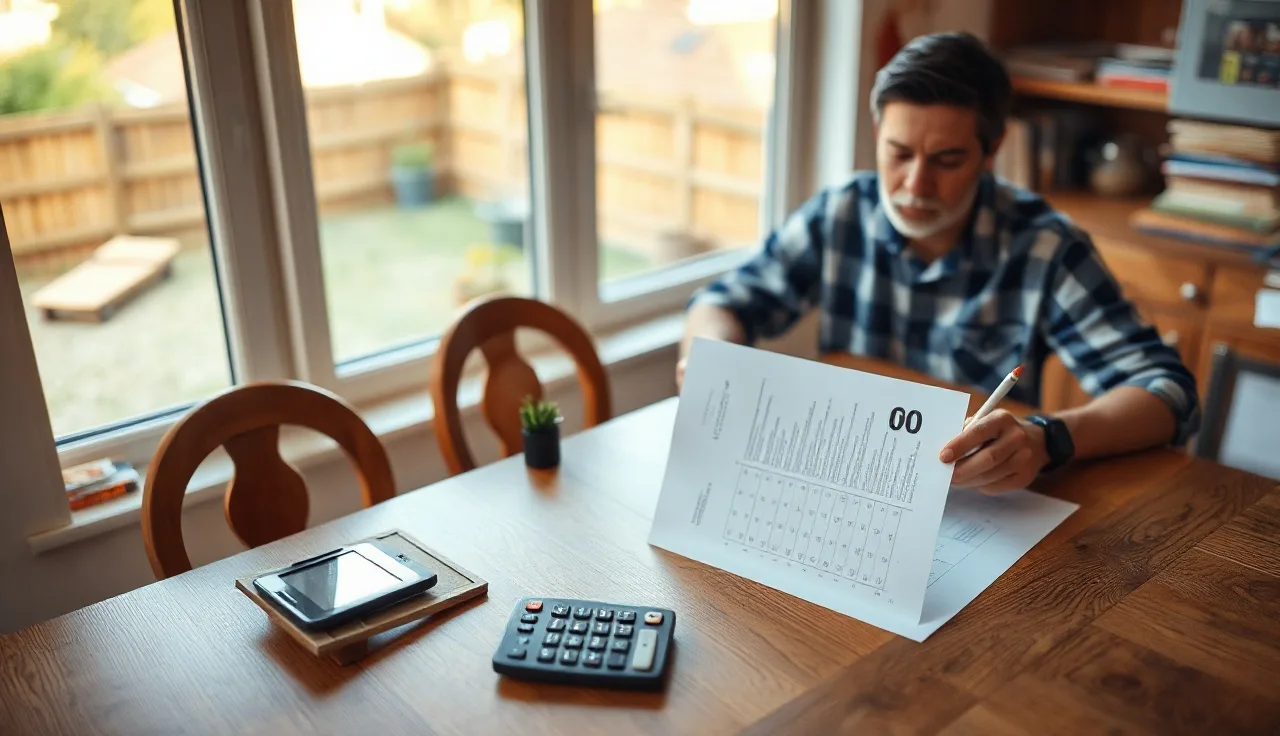 Homeowner reviewing property tax documents with a calculator on kitchen table