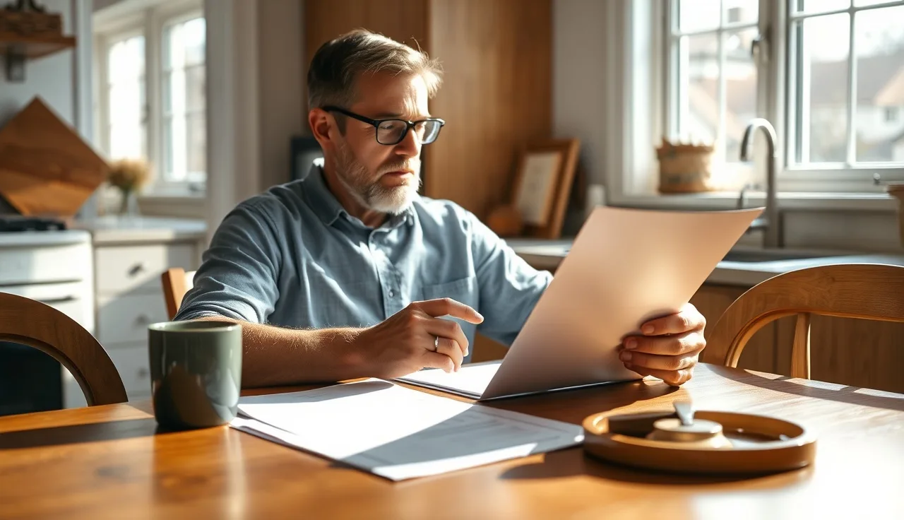 Homeowner comparing two property value documents at a kitchen table in morning light