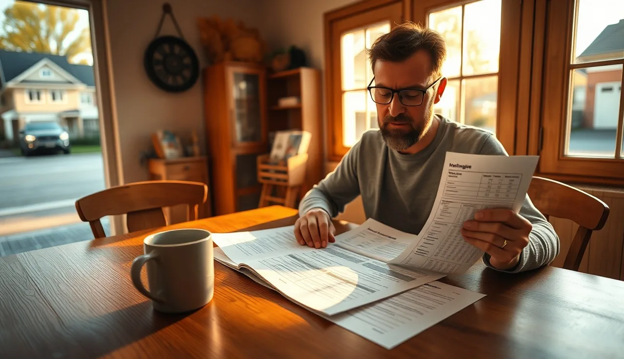 Homeowner reviewing mortgage statement at kitchen table with morning light