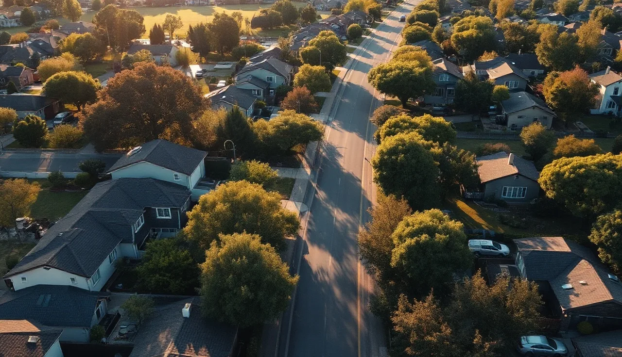 Aerial view of suburban neighborhood at golden hour showing rows of residential homes