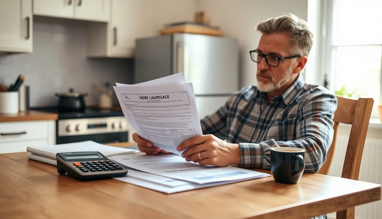 Landlord reviewing special assessment bills at a kitchen table with calculator