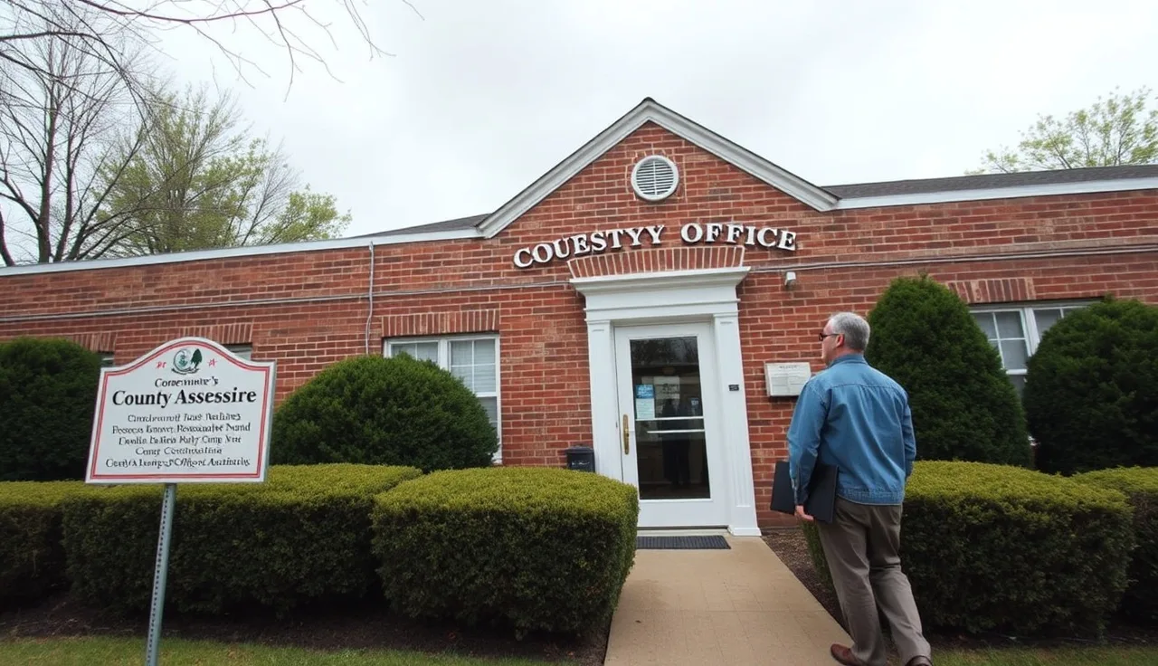 Homeowner approaching a county assessor's office building carrying documents for property tax review