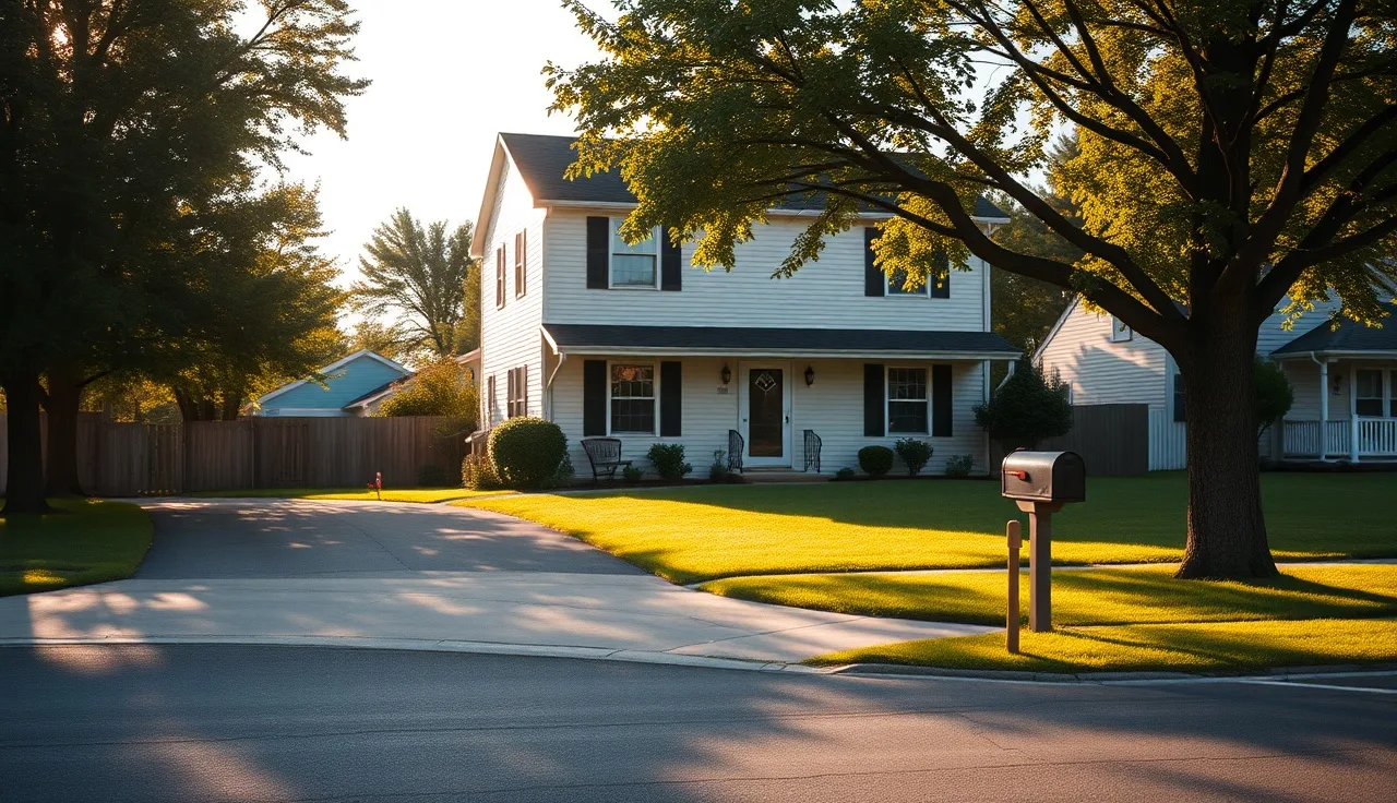 Suburban house exterior in golden afternoon light with tree shadows on lawn