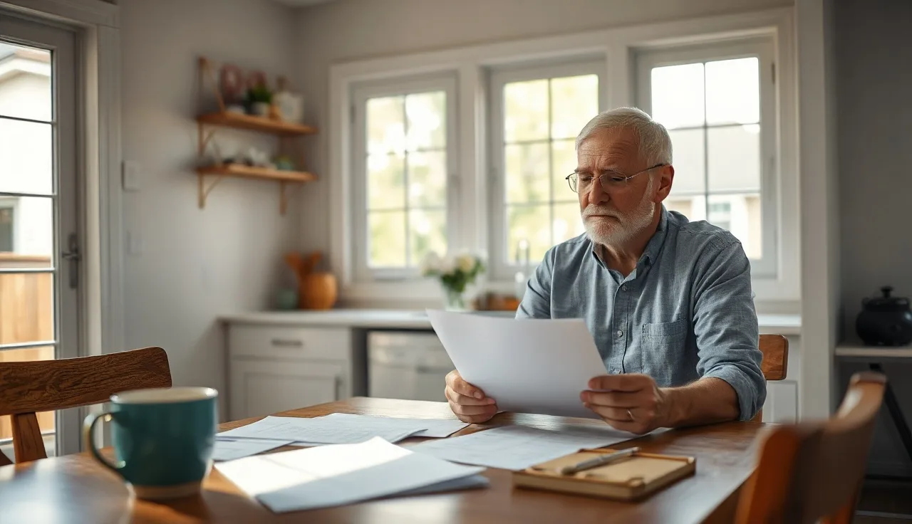 Homeowner reviewing property tax assessment papers at kitchen table in morning light