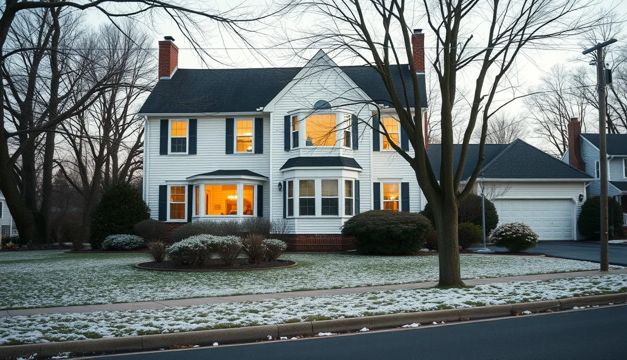 Frost-covered suburban Long Island home on a quiet winter morning