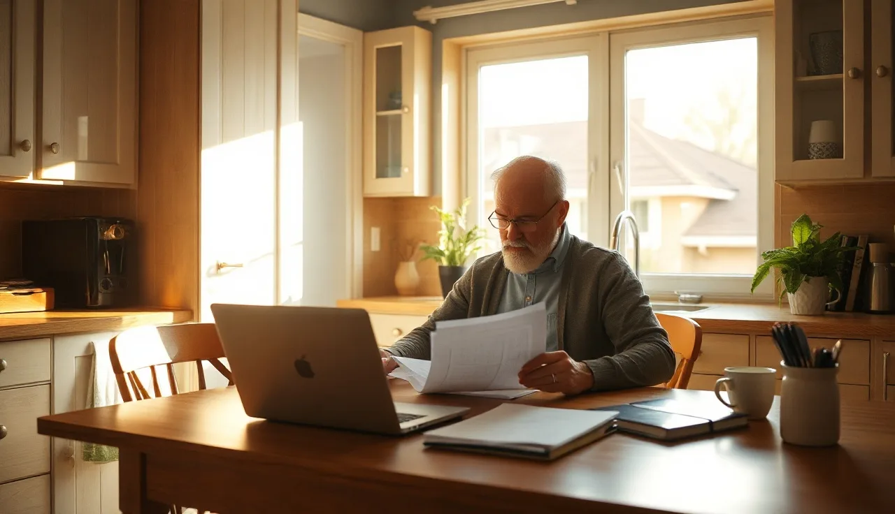 Homeowner reviewing property tax assessment paperwork at kitchen table