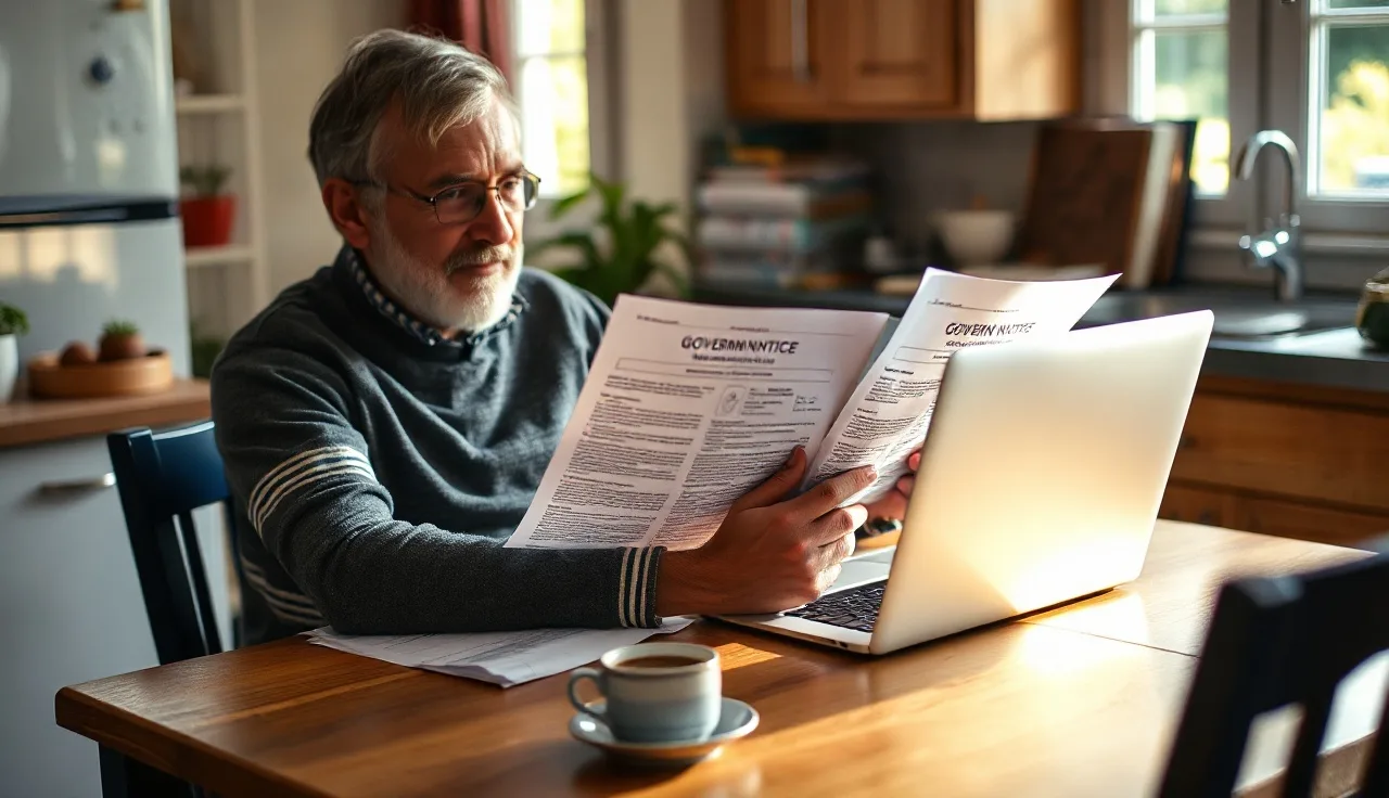 Homeowner reviewing property assessment notice at kitchen table with laptop