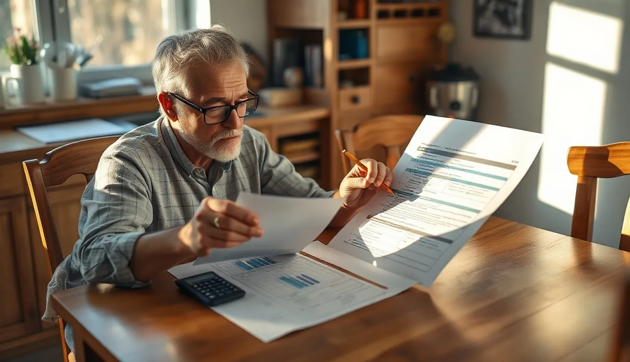 Homeowner comparing two property value documents at a kitchen table