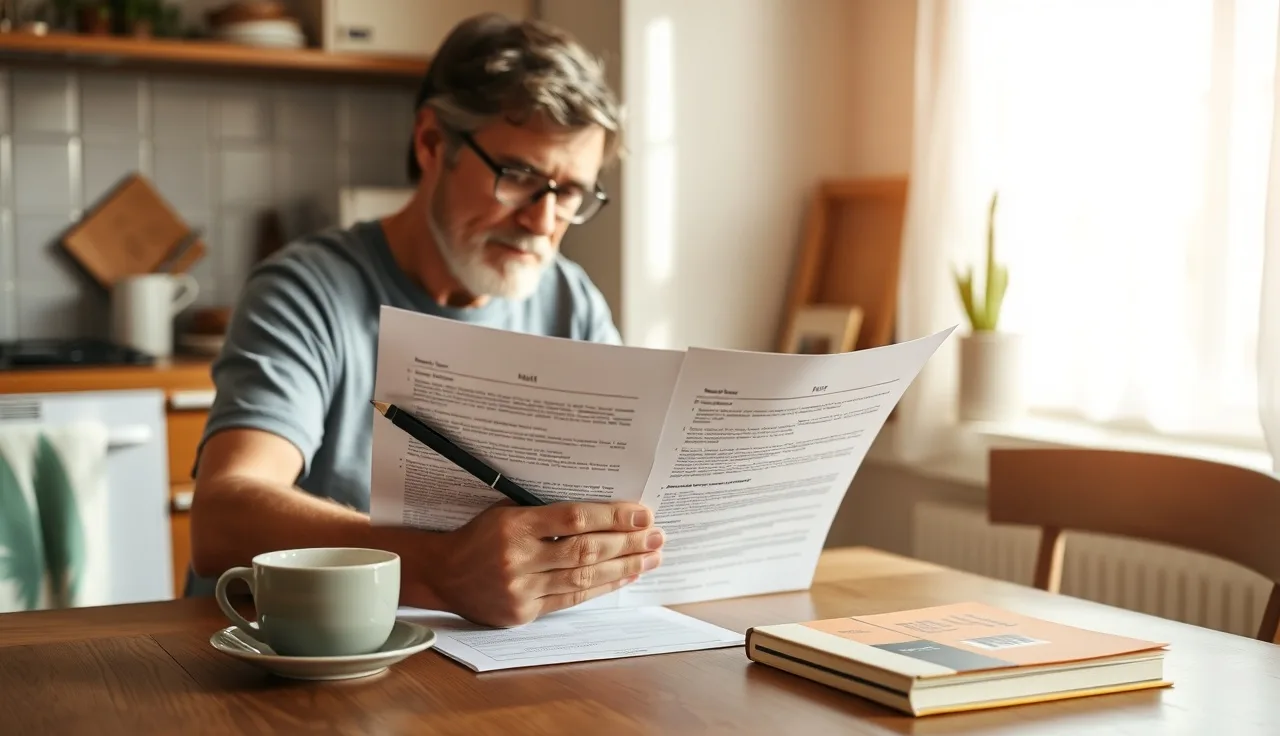 Homeowner comparing two property tax documents at kitchen table in morning light