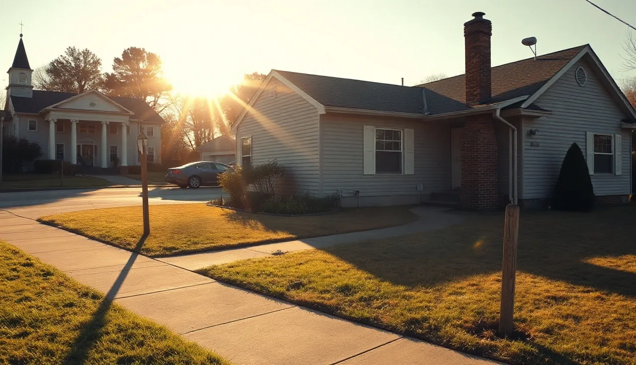 Sunlit suburban home exterior at golden hour with government building in background