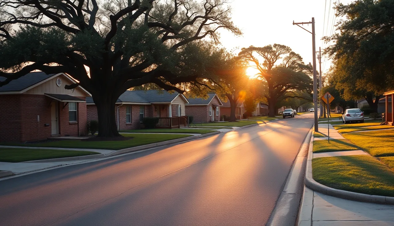 Quiet San Antonio residential street with brick homes and oak trees at golden hour