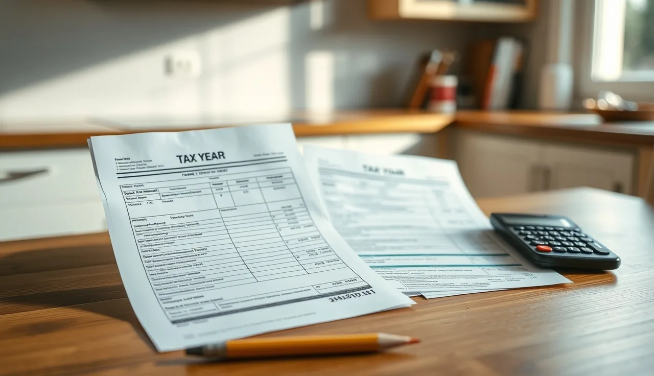 Two property tax bills on a kitchen table with a calculator showing assessment comparison