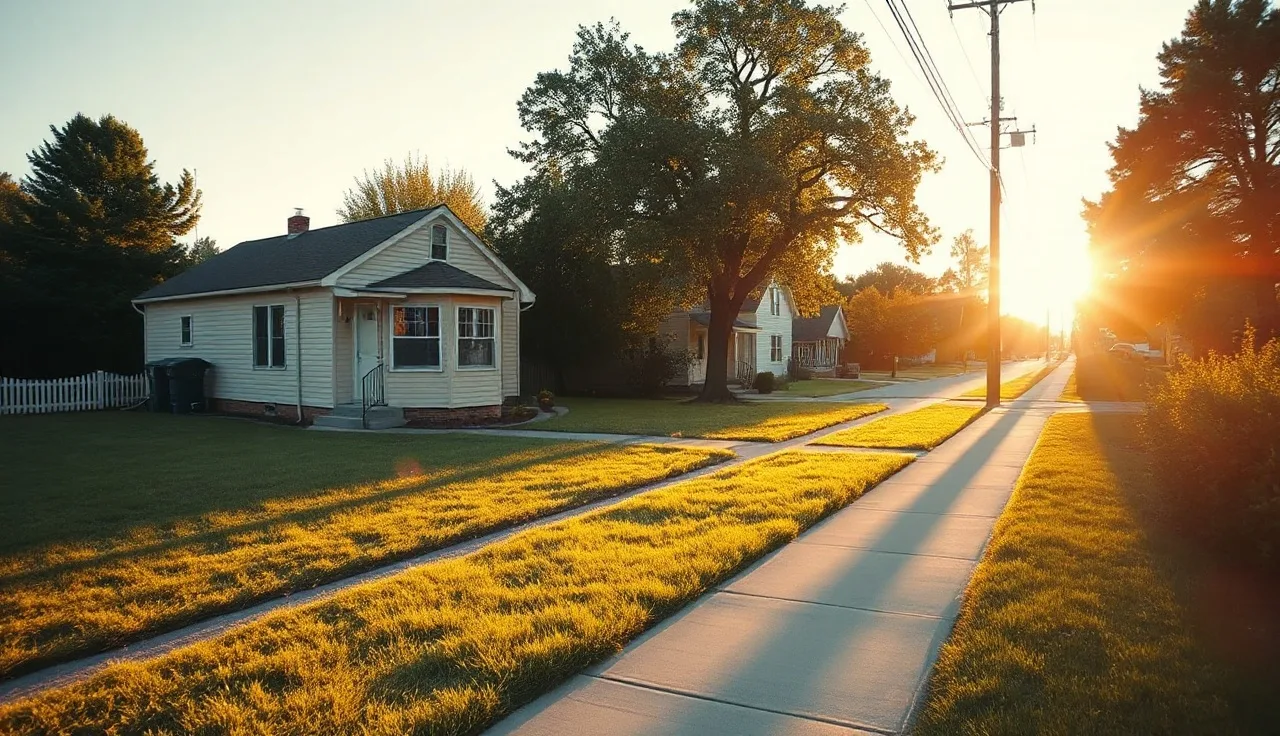 Suburban house on a quiet street at golden hour, property tax calculation concept