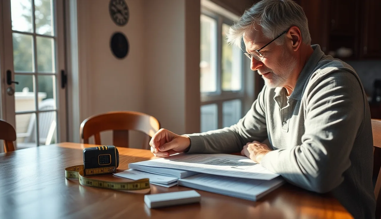 Homeowner reviewing property measurement notes and a tape measure at a kitchen table