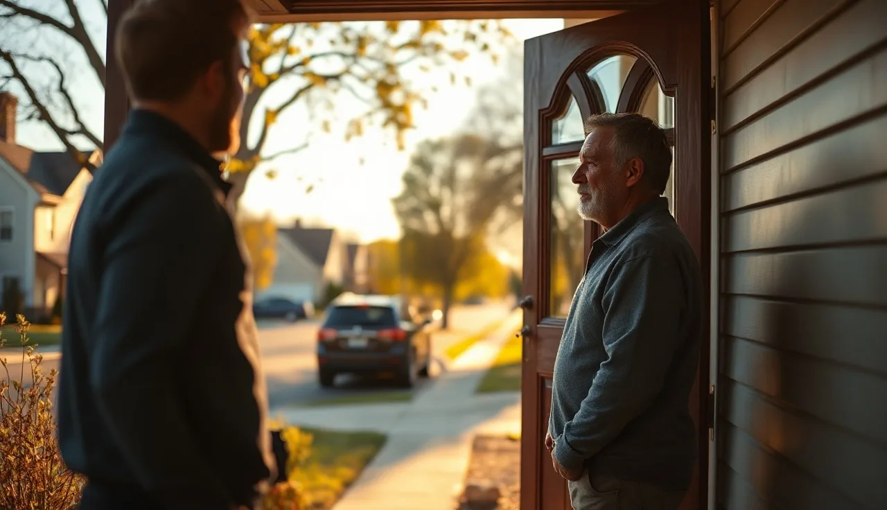 Homeowner standing in front doorway speaking with a property tax assessor outside