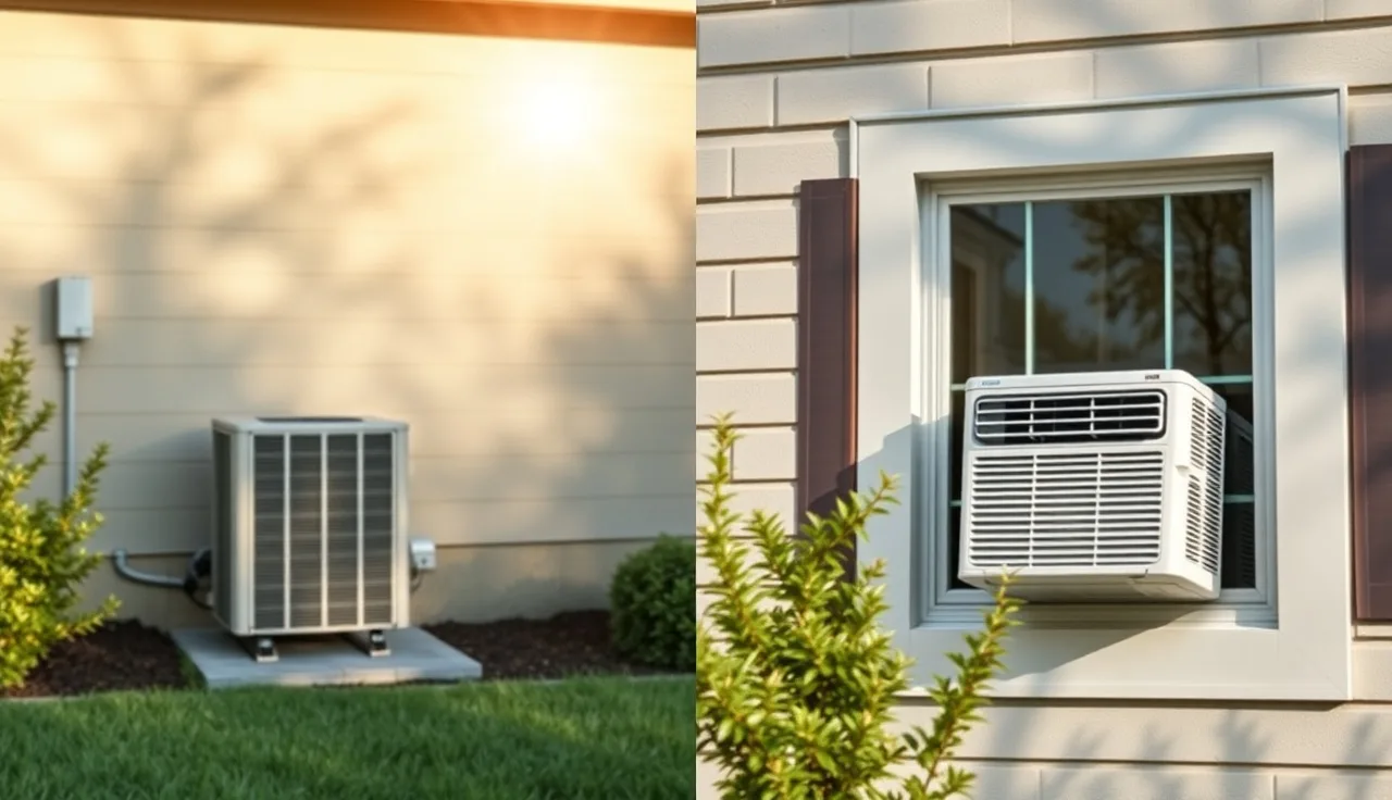 Suburban home exterior showing central AC condenser on one side and window unit on other