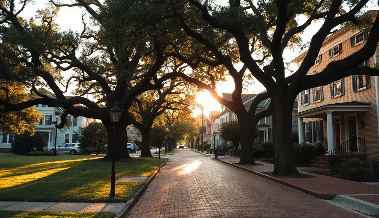 Tree-lined residential street with colonial homes in Falls Church Virginia at dusk