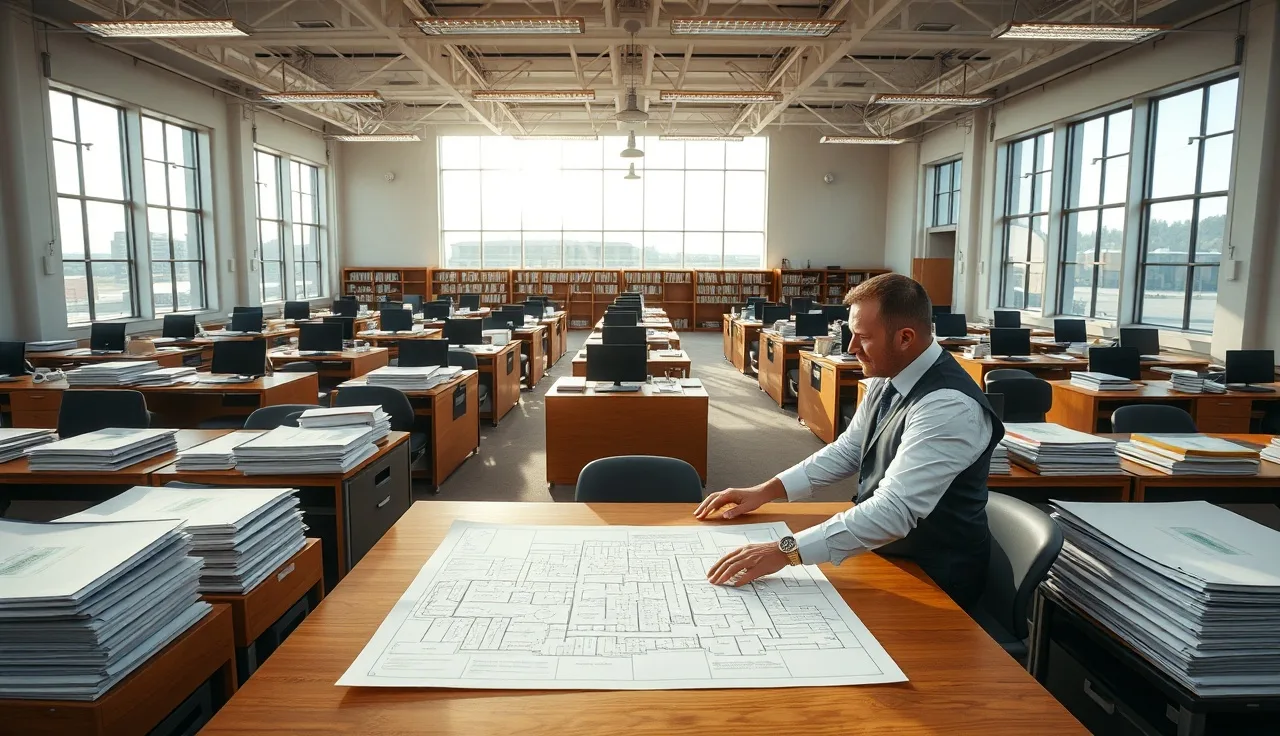 County assessor office interior with floor plan spread on a desk