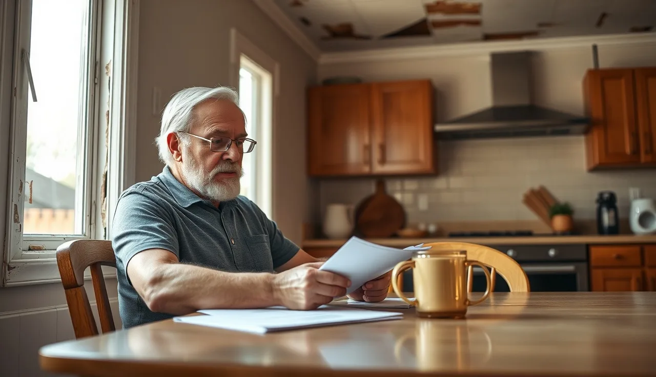 Homeowner reviewing assessment documents with visible property defects in background