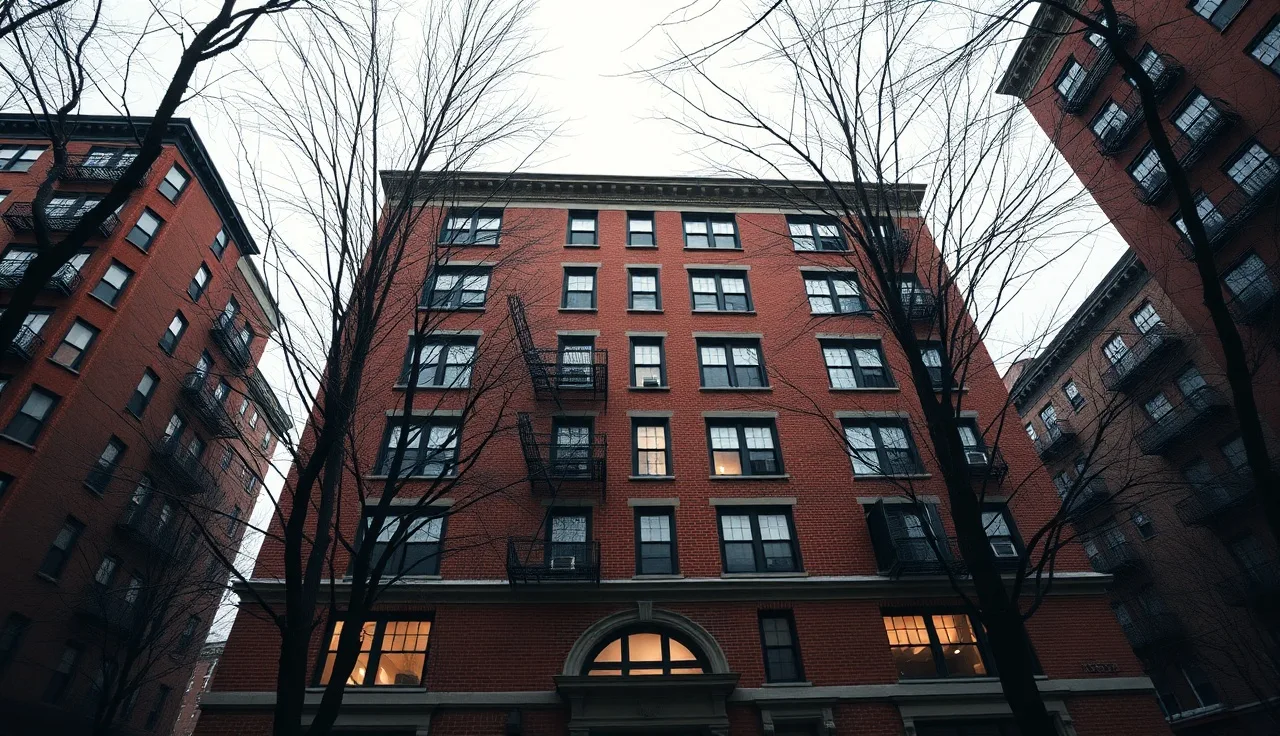 Brick cooperative apartment building exterior viewed from sidewalk level in New York City