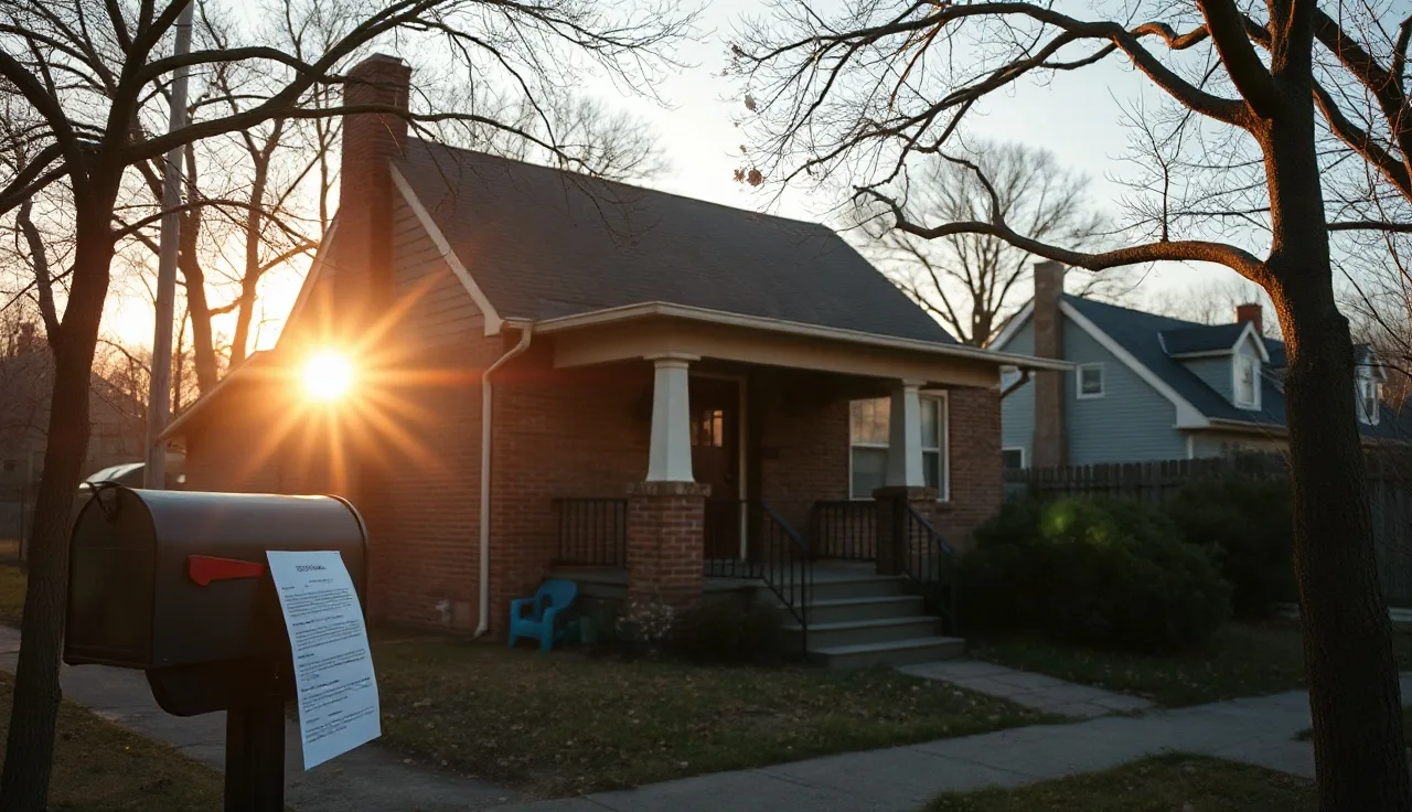 Nashville brick bungalow with a tax notice in the mailbox on a quiet residential street