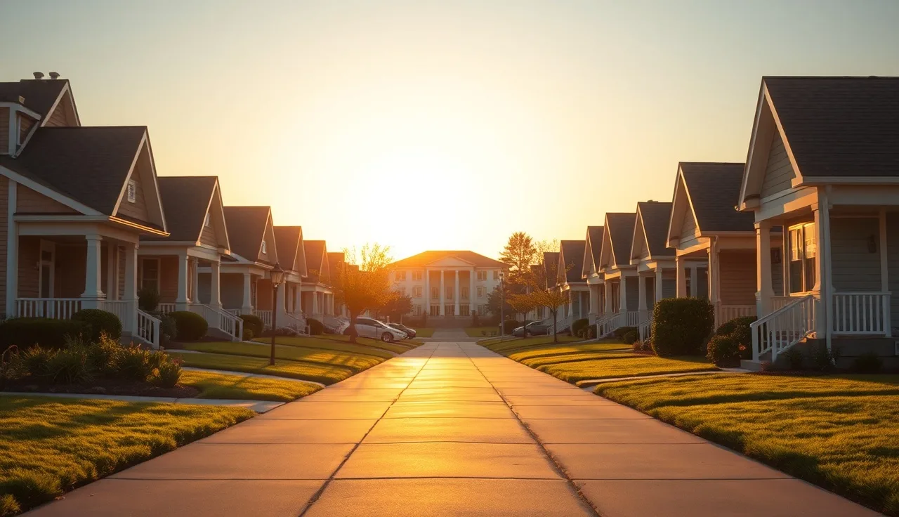Suburban residential street with homes at golden hour, county building in background