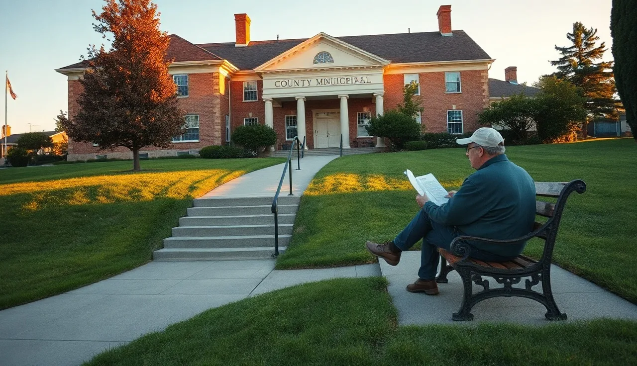 Homeowner reviewing property tax documents outside a county government building at sunset