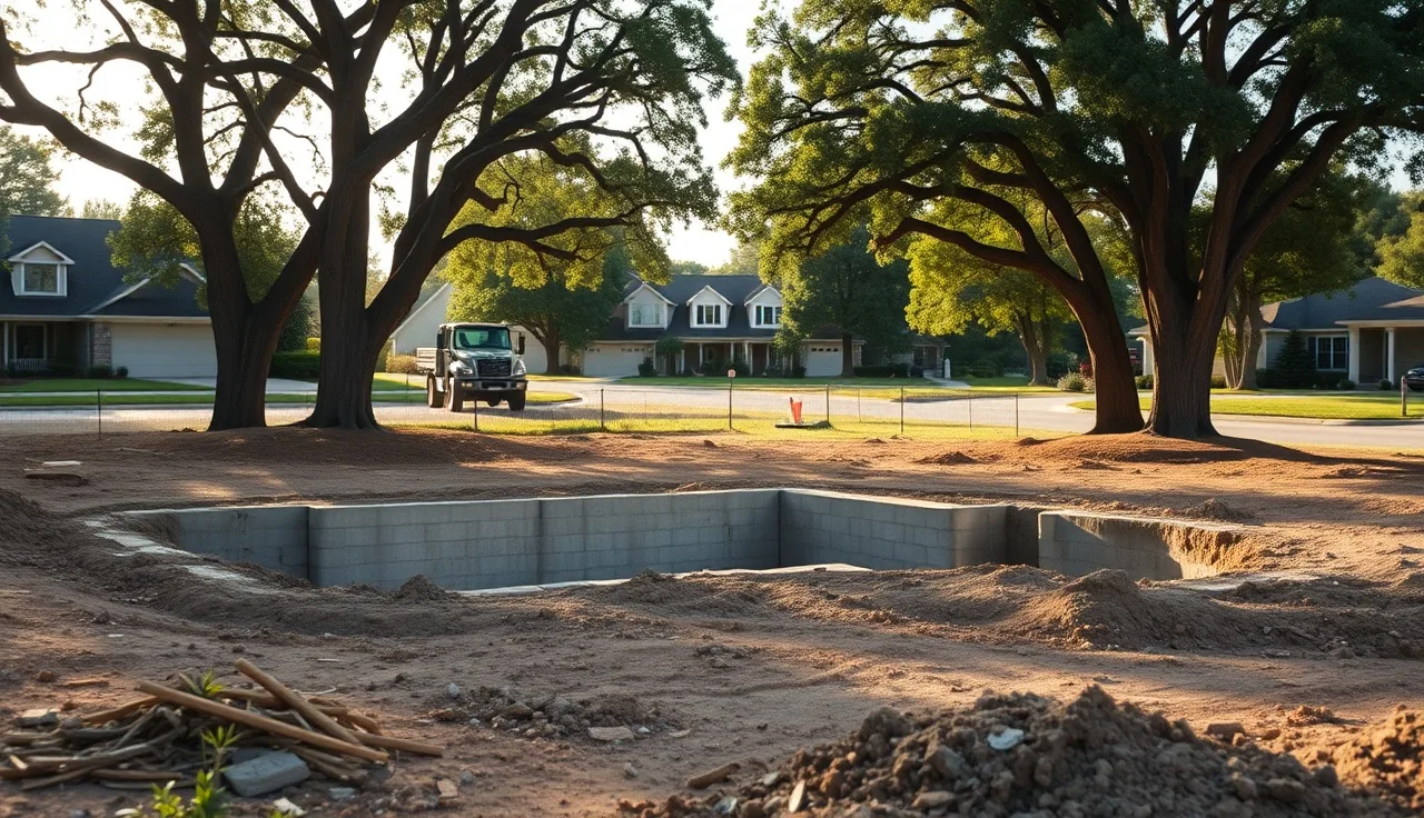 Cleared residential lot with exposed foundation after house demolition, morning light