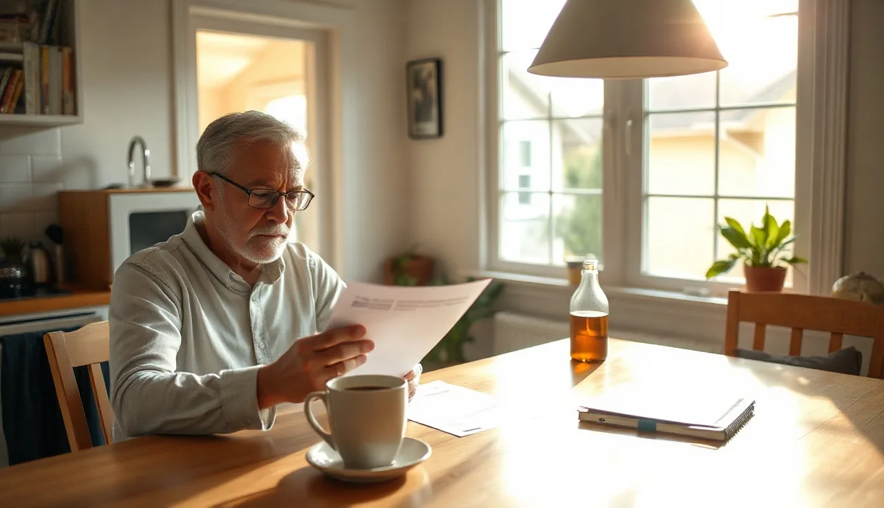 Homeowner reviewing property documents at kitchen table with morning light