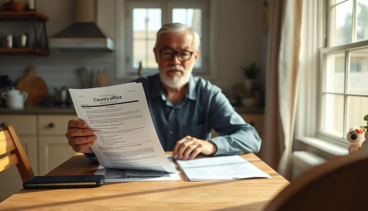 Homeowner comparing two property value documents at a kitchen table