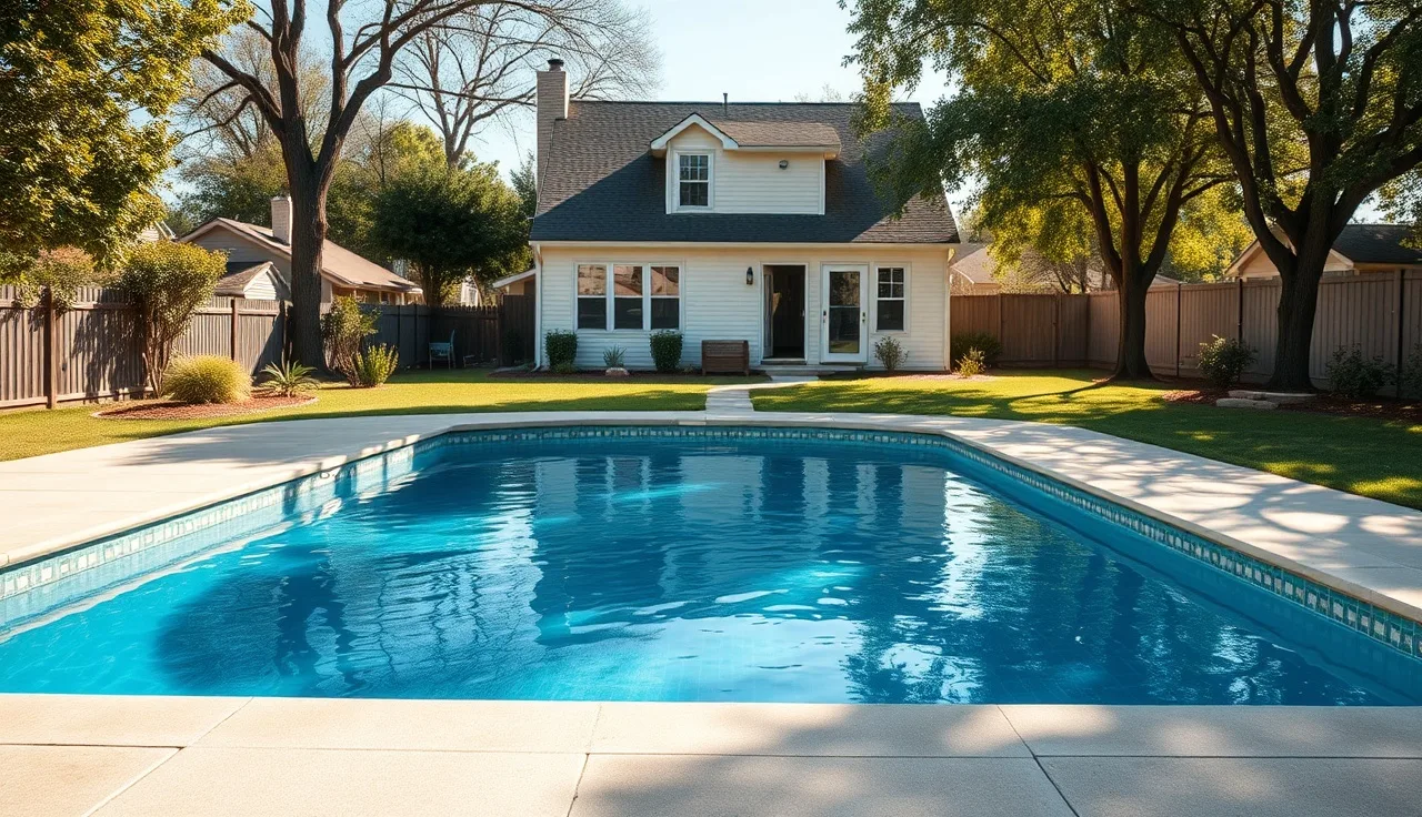 In-ground backyard pool with still water reflecting afternoon sunlight near a suburban home