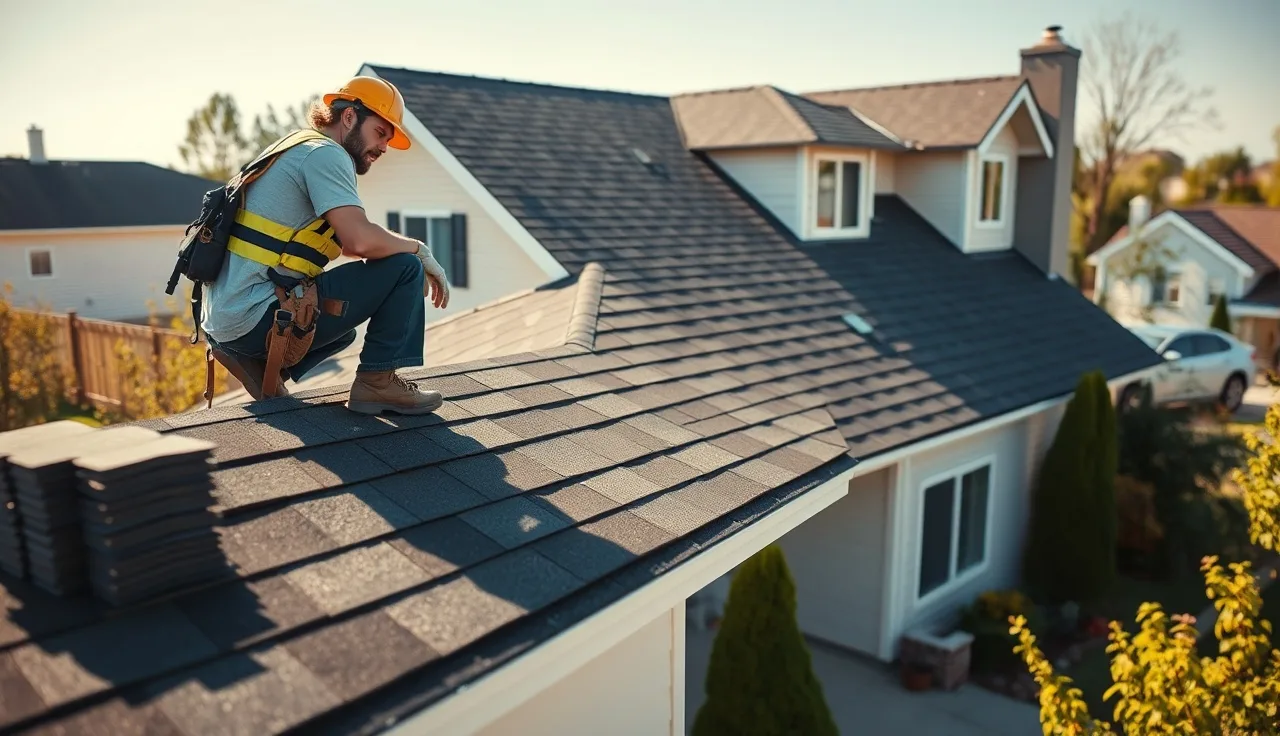 Roofer inspecting new asphalt shingles on a suburban house roof