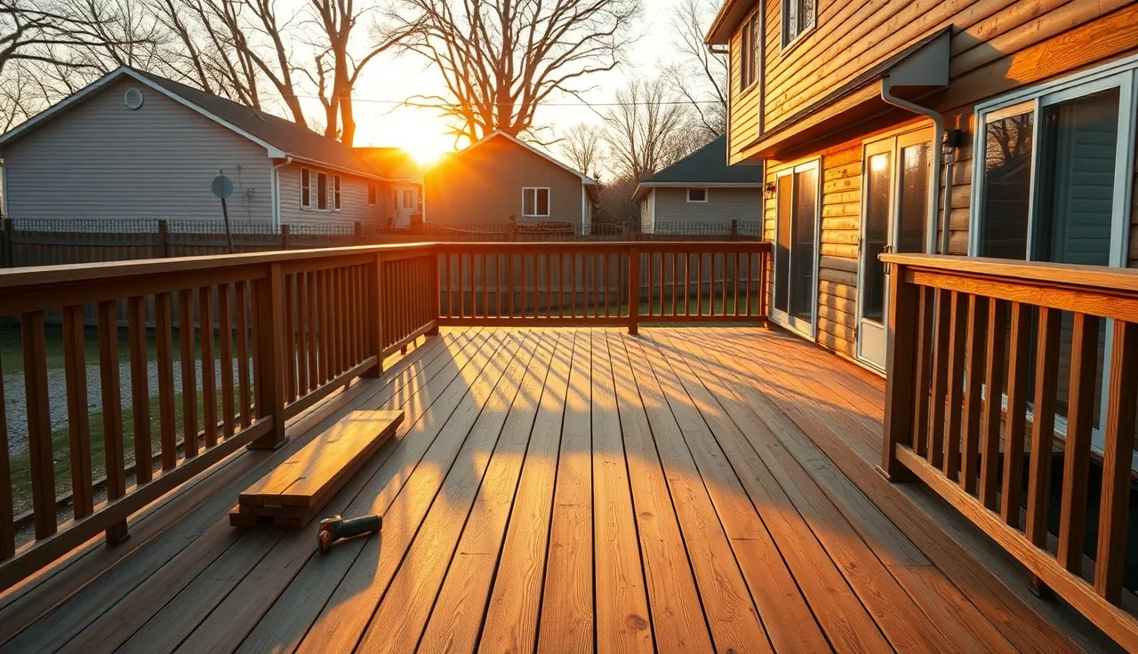 Newly built wooden deck attached to a suburban house in afternoon light