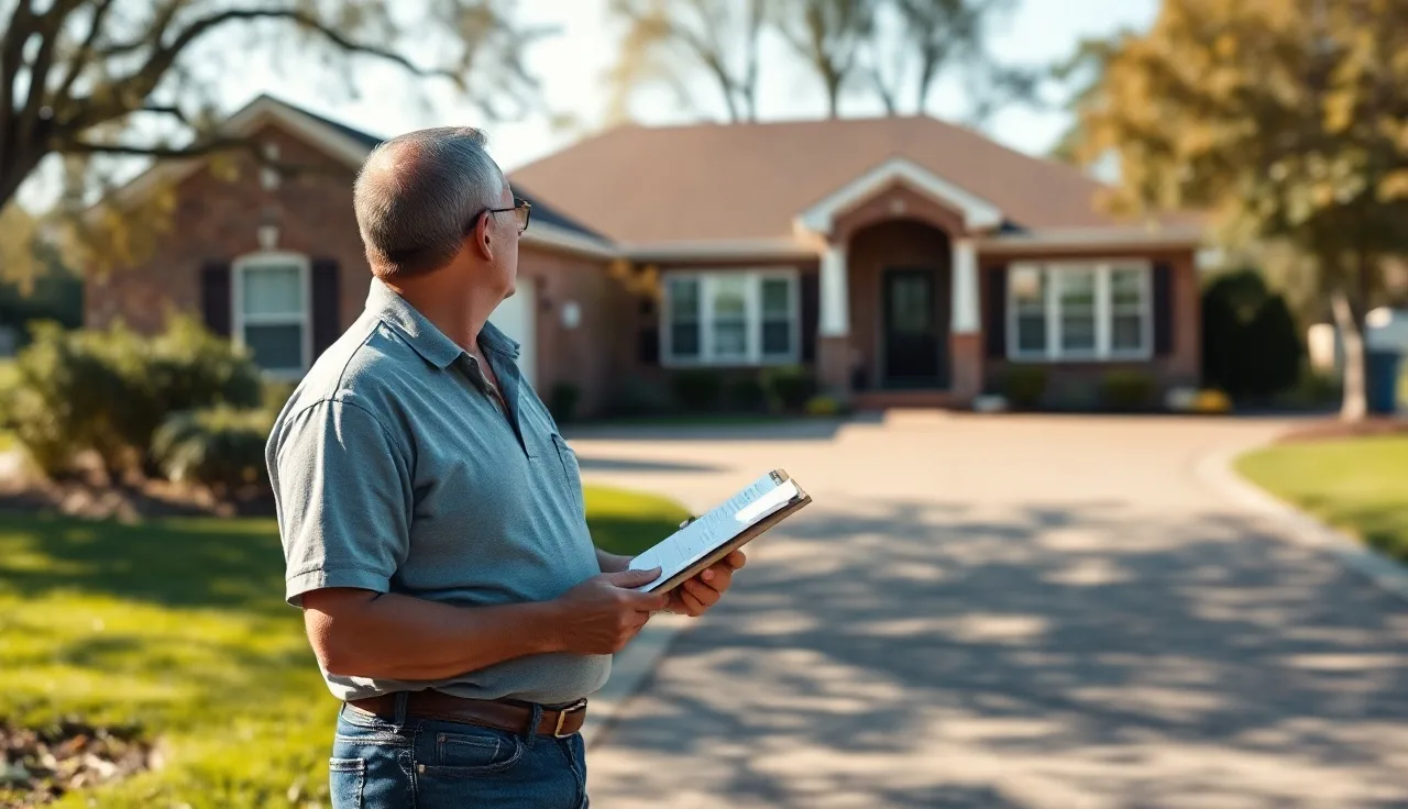 County field appraiser on driveway reviewing exterior of house during property assessment