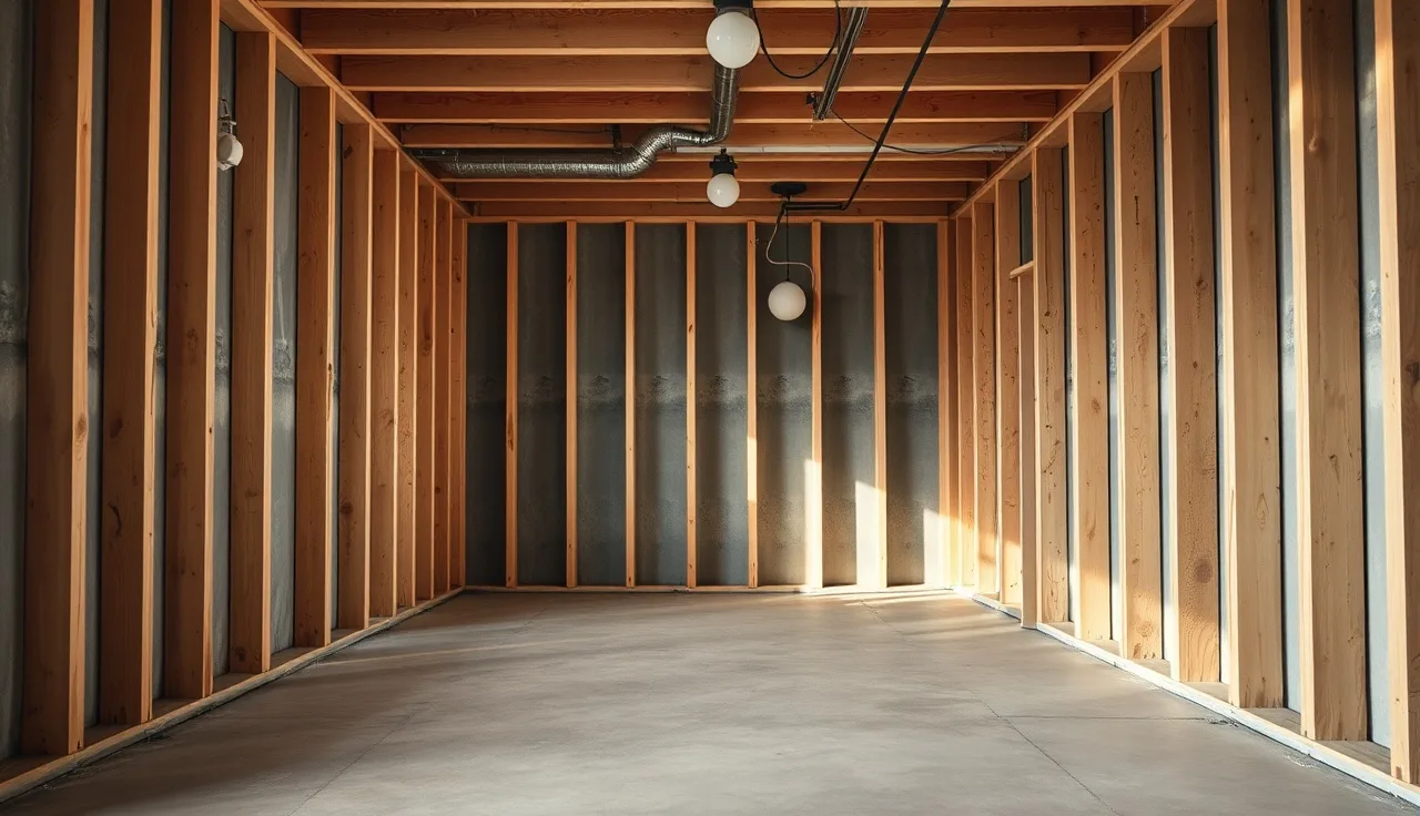 Unfinished basement mid-renovation with framed walls before drywall installation