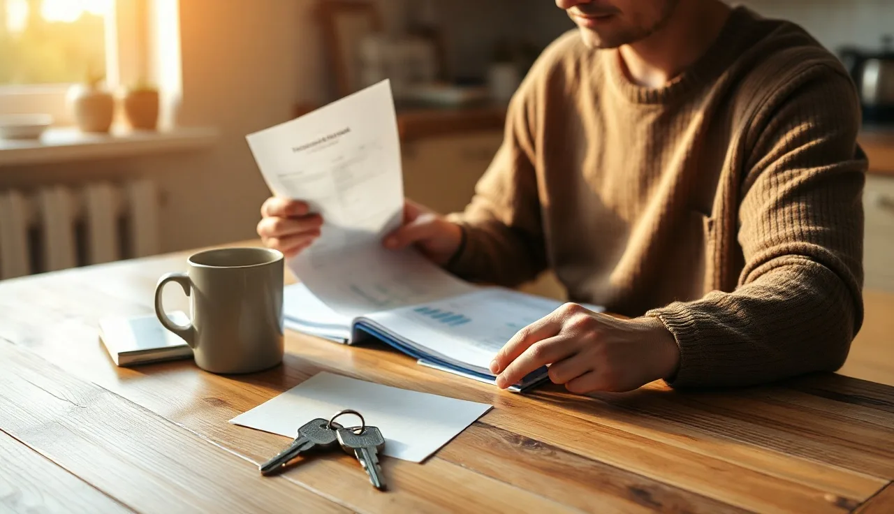 Homeowner reviewing home equity loan documents at kitchen table with house keys