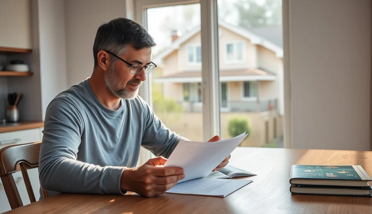Homeowner reviewing property documents at kitchen table with house visible outside window
