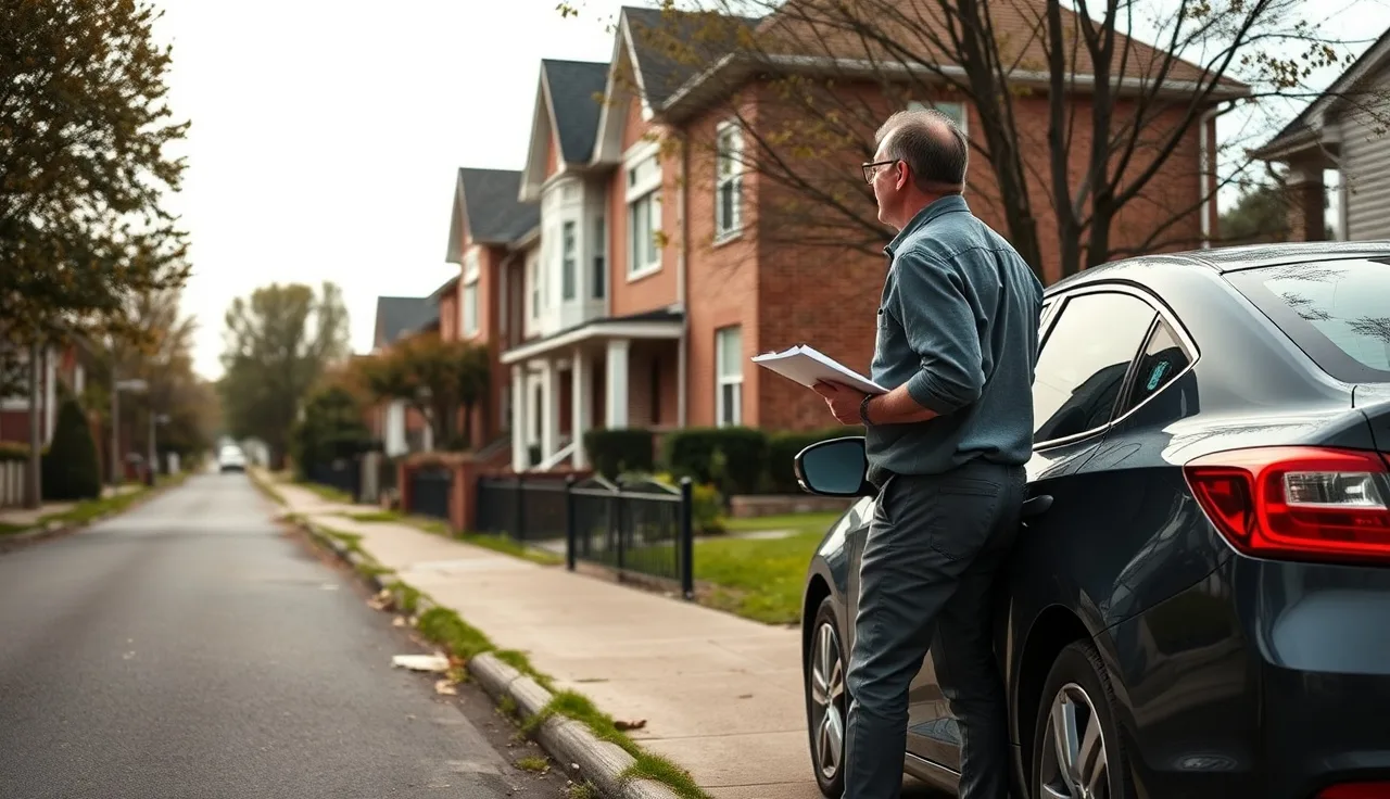 County assessor standing on sidewalk observing residential property from street during drive-by assessment