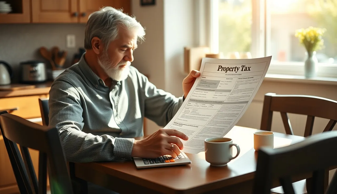 Homeowner reviewing property tax assessment notice at kitchen table with calculator