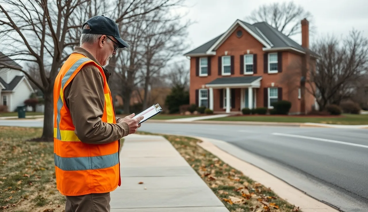 County assessor on sidewalk taking exterior-only notes on house across street