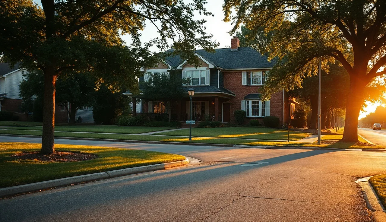 Brick suburban house on a tree-lined street at golden hour showing residential property value context