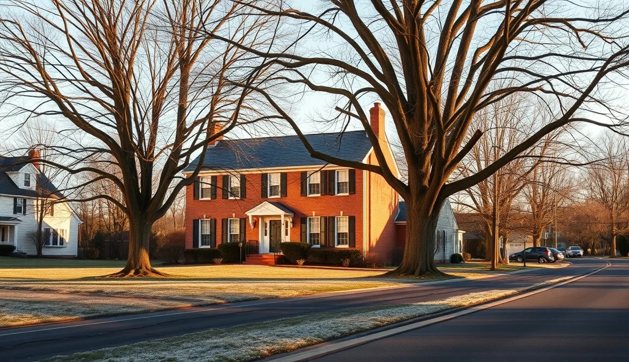 Brick colonial house on a frost-covered suburban street in Fairfax County Virginia