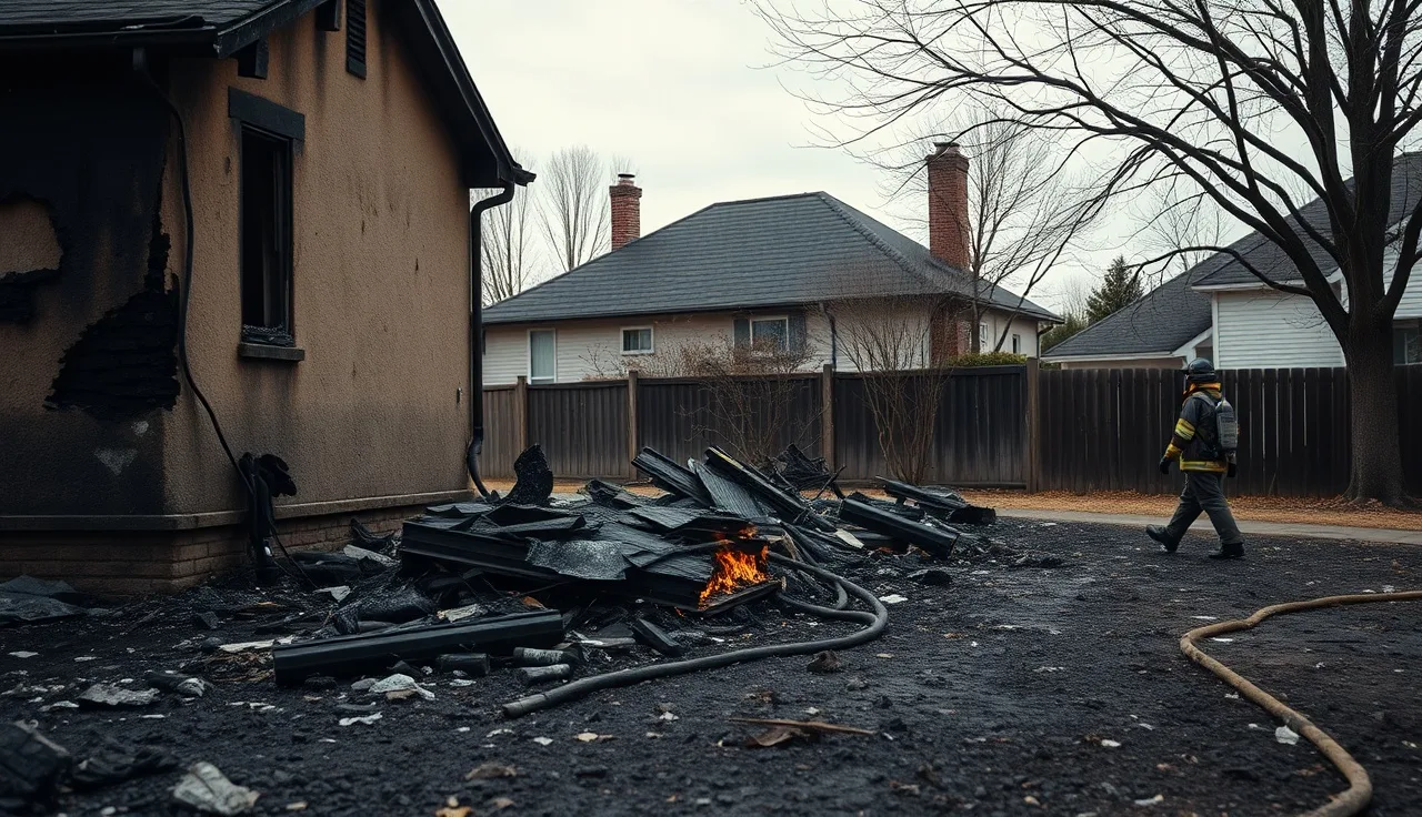 Burned house exterior with ash and debris after a residential fire