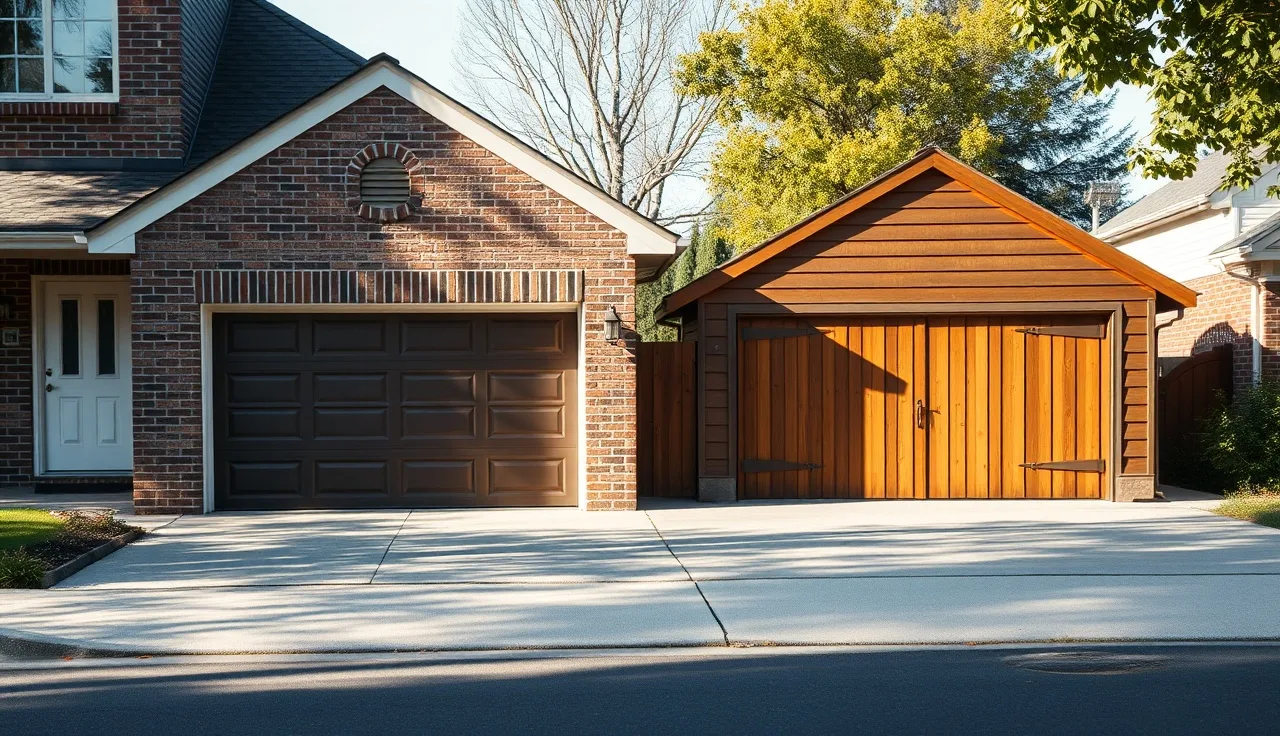 Attached and detached garage side by side on a residential street